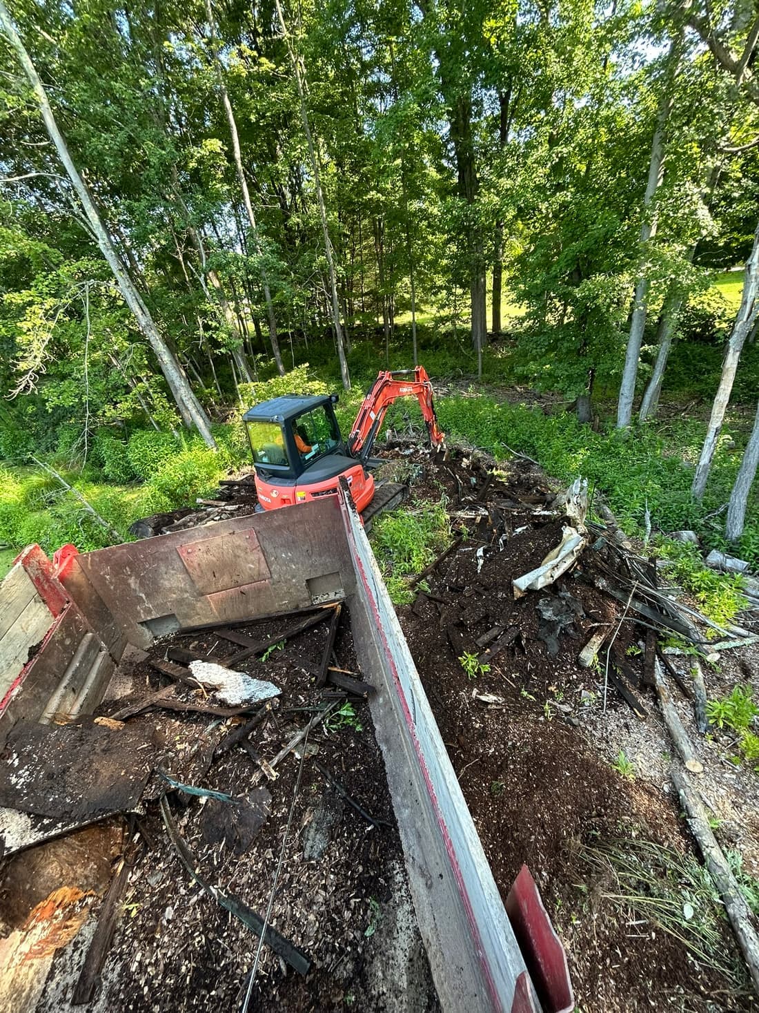 A Kubota mini excavator clearing debris in a wooded area, with a wood-sided dump truck bed in the foreground